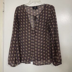 Goldie brown floral leaves button down chiffon blouse top size ML